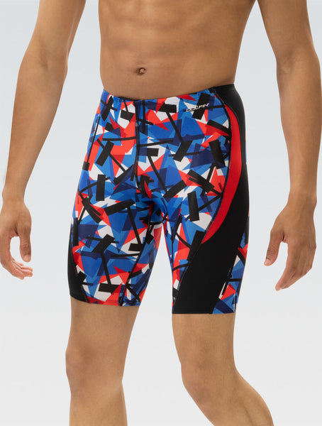 Men's Red White and Blue Razor Print Jammer Swimsuit | Color Block