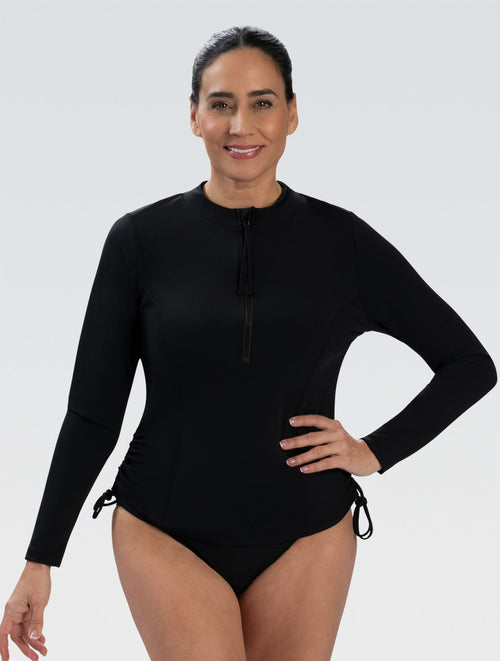Women's Black Rash Guard | Side Ruched | Swimwear Tops | Cover Ups