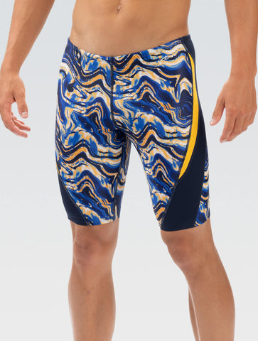 Men's Navy and Gold Blaze Print Jammer Swimsuit | Color Block