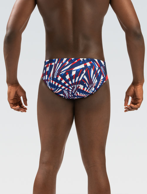Men's Red White and Blue Atomic Print Racer Swimsuit | All Over