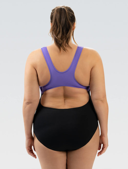 Women's Aquashape Color Block Moderate Lap Suit: Black/Purple – Dolfin  Swimwear